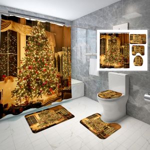 Vorhänge, 4-teilig, Weihnachts-Duschvorhang-Set, klassischer Lametta-Weihnachtsschmuck, Duschvorhang, Badezimmer, rutschfeste Badematte, Toilettenbezug