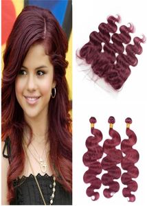 Peruvian Virgin Human Hair Bundles 99j With Lace Frontal Wine Red Body Wave Human Hair Weave Burgundy 3Bundles With 134 Full Fron8920319