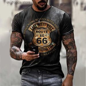 Erkek Tişörtleri Yaz Erkek Tişört Retro Kısa Köle Us Route 66 Mektup 3D Baskı Moda O yaka T-Shirt Ekstra Büyük Üst Erkek Yiyecek y240314