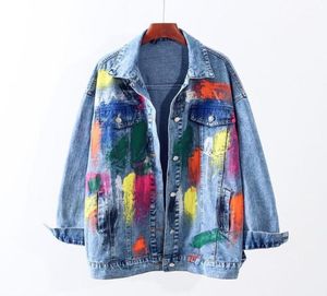 Women039s Giacche Coreano di media lunghezza sciolto colore Graffiti giacca di jeans donna oversize blu Jean cappotto femminile Jaqueta casual Autu7197985