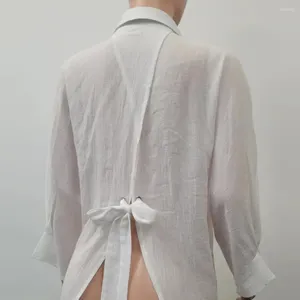 Blusas femininas volta cuspe camisa elegante lapela com laço detalhe elegante único breasted blusa para mulher chique cor sólida streetwear topo