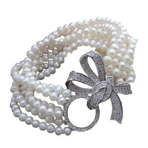 YYGEM 8 6 Strands Round Cultured White Freshwater Pearl Bracelet Cubic Zirconia Pave Clasp 240305