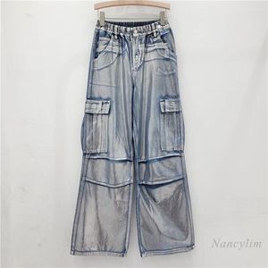 Women's Jeans Fashion Brand Heavy Industry Silver Tie-Dyed Female 2024 Spring High Waist Loose Coated All-Matching Pocket Pants