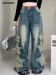 Women's Jeans American Retro Casual High Waist Straight Pockets Hip-hop Pants 2024 Spring Y2K Grunge Stars Tassels Denim Trouser