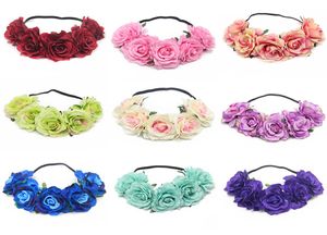 25 Color Bride Rose Flower Wreńce Zespoły Kobiet Dziewczyna Floral Crown Hairband Head Elastyczny gumowy opaska Garland Bohemia Head2181028