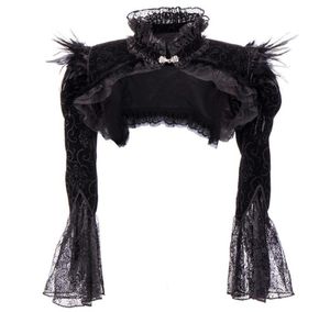 Viktorianska svarta flanellfjädrar spetsjacka långärmad ruffles stativ krage gotiska bolero klädtillbehör steampunkrock wo4317365