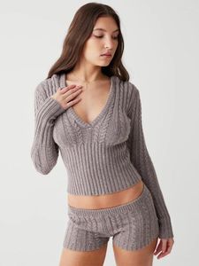 Kadınların Trailtsuits Kablo Bulutu Örgü Sweater Kadınlar Örme Sweatshirt Seti Uzun Kollu V Boyun Kapüşonlu Sıska Kısa Pantolon Takım Sıradan İki Parça