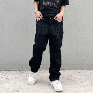 Black for Men and Women China-chic High Street American Embroidery Letters High Waist Straight Hip-hop Loose Jeans