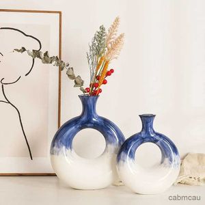 Vaser keramisk vas ihålig rund gradient färg blomma arrangemang tillbehör blomma vas donut rum dekoration tillbehör