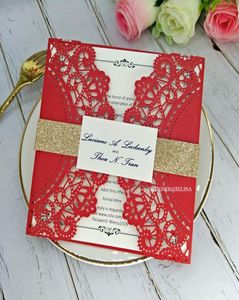 Chinese Red Laser Cut Wedding Invitations with Tag and Glitter Belt Elegant Lace Floral Invitations for Bridal Shower Birthday Gra7527767