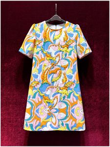 Europeiska och amerikanska kvinnokläder 2024 Spring New Round Neck Short Sleeve Pin Bead Printing Fashion Dress XXL