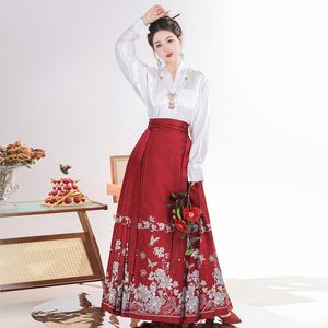 전통적인 중국 한피 셔츠 말 페이스 스커트 두 조각 세트 봄 가을 정장 한파 스커트 마이 안 쿤 드레스 여자 옷