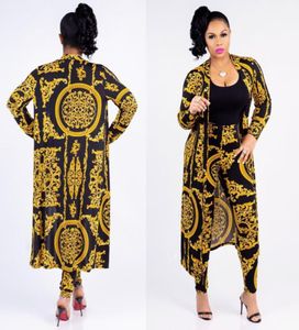 Frauen Mode Zwei Stück Sets Langarm Lange Jacke Mantel Top und Dünne Hosen Gold Blume Druck Afrikanische Frauen039s hosen Anzug6046438