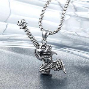 Pendant Necklaces European And American Fashion Exaggerated Personality Domineering Skull Holding Guitar Necklace Street Hip-Hop Rock F