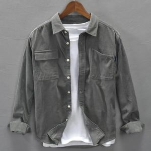 Corduroy Shirt Mens Cargo Jacket Casual Spring Autumn Loose Coat Cardigan Turndown Collar camisa masculina 240306