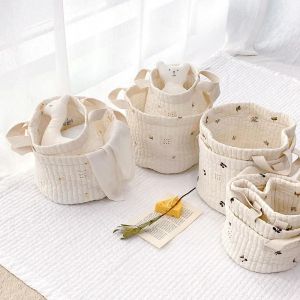 Baskets Beige Cotton Embroidery Baby Diaper Clothes Toys Organizing Bag Crib Storage Bag MultiPurpose Storage Basket 1 Piece