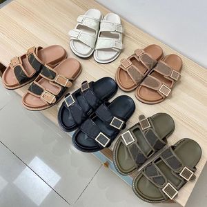 Designer män kvinnor sandaler duk glider dubbel rem platt spänne tofflor mule läder botten strand glider gummisolar sommar flip flops