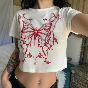 JFL22585 Spicy Girl Open Navel T-Shirt Damen Sommermode Schmetterlingsdruck Rundhals Kurzarm T-Shirt Open Navel Short Top