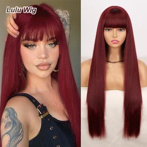 Длинный прямой парик винно-красного цвета с челкой, синтетические парики для женщин, термостойкие натуральные волосы для повседневного Хэллоуина, косплея, вечеринки 240305
