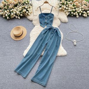 Women's Two Piece Pants American Retro Denim Suit Fashion Design Camisole Short All-Match High Waist Straight Wide Leg 2 Set Outfits