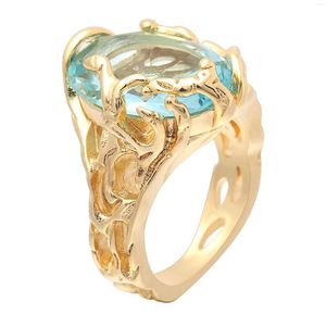 مع الحجارة الجانبية Seanlov Hollow Gold Color Women Rings Clarge Blue Cz Zircon Gift Hights Jewelry Moeding Teeding Ring