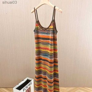 Basic Casual Dresses Spaghetti Strap Striped Bodycon Crochet Midi Dress 2023 Vintage Retro Chic Y2K 90s Fashion Korean Vintage Harajuku Long DressL2403