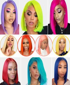 Ishow 13x1 T Part Lace Human Hair Wigs Brazilian Straight Short Bob Wig 99j 613 Blonde Color Pink Green Red Blue Ginger Ombre for 1842044