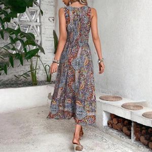 Sukienki swobodne Damskie sukienki nadruk bohemian v dekolcie midi z kolorową elastyczną talią na letnie wakacje w stylu plaży plus size