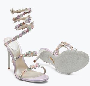 أنيقة Rene Caovilla Floral Sandals أحذية نساء الزهور باقة اللولب اللولب العالي الكعب العالي حفل زفاف سيدة المصارع الصندل EU35-43