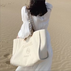 Mode Frauen Strand Tasche Schultertasche Leinwand Marke Tasche Kette Einkaufstasche Luxus Tote Leinen Perle Druck Umhängetasche Reisetasche Computer Tasche Einkaufstasche