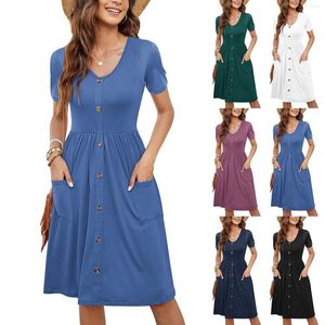 Casual Dresses For Women 2024 Summer Solid Color Short Sleeve Dress With Pockets Button O-Neck Swing Vestidos Robe