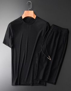 Minglu Summer Male Sets Tshirtsshorts Plus Size 4XL Luxury Thin Stripes Stareve Mans Sets Slim Mens Sets with Shorts x0128748859