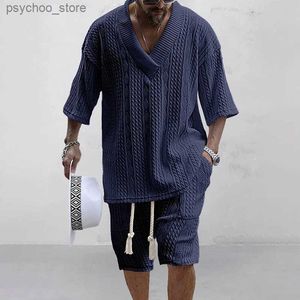 Men's Tracksuits Mens Autumn Casual Knitted Set Fashion V-neck Mid sleeved Top Two piece Set Mens New Knitted Solid Color Set Q240314