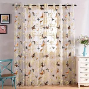 Cortinas com estampa de borboleta, cortina transparente de tule para decoração de casa, cozinha, varanda, janela, cortina floral para quarto e sala de estar