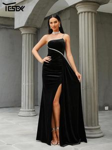 カジュアルドレスイエセキシースパゲッティベルベットスプリットイブニングドレス女性のためのブラックエレガントパーティー2024 Vestidos