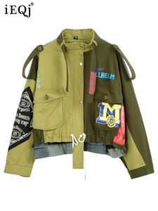 IEQJ Vintage Spliced Letter Jackets Coat Irregular Contrast Pockets Short Outerwear For Women Autumn Fashion 3WQ748 240227