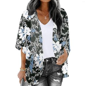 Etniska kläder långa öppna cardigans för kvinnor sommar kvinnor blommor tryckt puffhylsa chiffong kimono cardigan lös täckning upp kort tröja