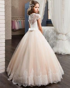 Mädchenkleider Champagner Tüll Blumenkleid für Hochzeit Kurzarm Kindergeburtstagsfeier Prinzessin Erstkommunion Junior Brautjungfernkleider