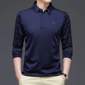 Smart Casual Men Vintage Smooth Polo Shirts Spring Autumn Plaid Long Sleeve Streetwear Fashion Business Male Clothes Tops 240304