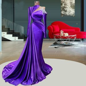 Abiti a maniche lunghe viola vintage Eleganti appliques a collo di sirena gioiello pleate donne Prom Prombo