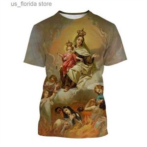 Homens camisetas Virgem Maria Camiseta Deusa da Misericórdia 3D Impressão T-shirt Cristão Abençoado Jesus Deus Camisetas Mulheres Roupas Unissex Curto Tops Y240321