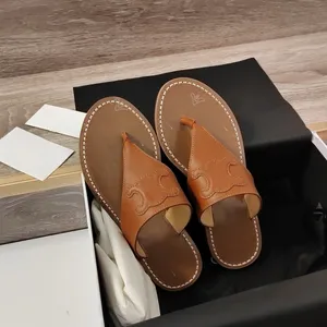 Toppkvalitet brun flip flops platt sandaler läder färgblock mönster t-strap lägenheter glid på skor riktiga läder sulas lyxdesigners glider fabrikskor16