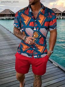 Tute da uomo Set camicia da uomo stampato in 3D retrò floreale a maniche corte casual pantaloncini da spiaggia oversize abbigliamento da strada estivo Set hawaiano Q240314