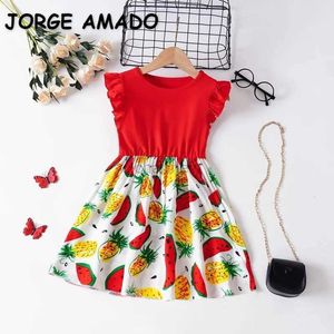 Girl's Dresses Korean Style New Summer Kids Girls Dress Up Little Kids Flying SemeVes With Watermelon Print Fashionable Princess Dresses H018 240315