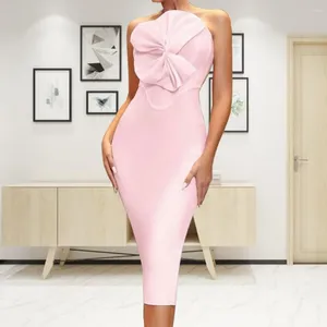 カジュアルドレスhqbory 2024女性ピンクの品質の花ストラップレス包帯ドレスレディースサマーバックレスボディコーションxlイブニングパーティーベスティドス