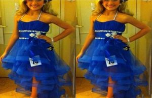 Halter Girls Pageant Gowns Sequins Beads Tiered Royal Blue Flower Girl Dress For Teens Tulle Sash Kids Formal Wear Girls Wedding P4206124