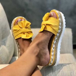 Sandals Shoes Summer 2021 New Bow Beach Womens Slippers Swice Bottom Slope Heel Hemp Rope Shoes Glar Womens J240315