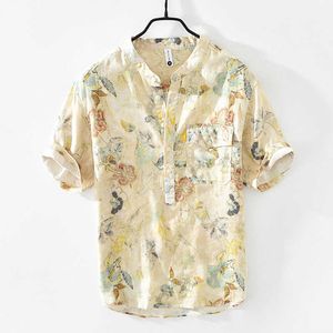 2002文学とアート新鮮なプリントリネンシャツの若さ薄い5/4スリーブスタンディングカラープルオーバーシャ​​ツの男性