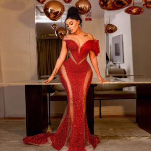 Sequin Sparkly African Mermaid Evening Dresses Red Beaded Sexy Off Shoulder Aso Ebi Formal Dress Illusion Women Prom Party Gowns