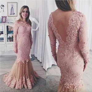 Elegante sereia rosa renda vestidos de noite comprimento total sexy sem costas ilusão manga longa frisado feminino baile de formatura festa vestir vestidos formais